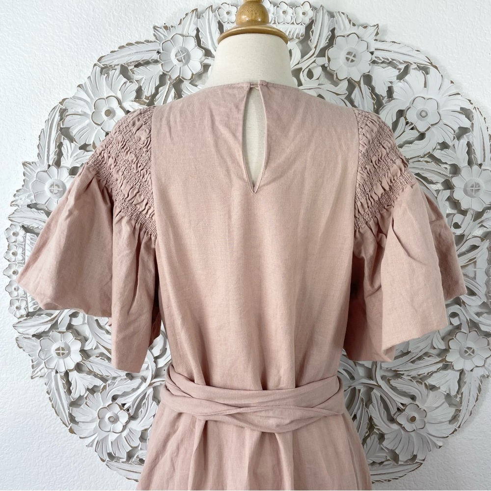 {THE GREAT.} The Smocked Sleeve Sash-Waist Midi Dress, Blush, Size 0, NWT - Picture 7 of 11